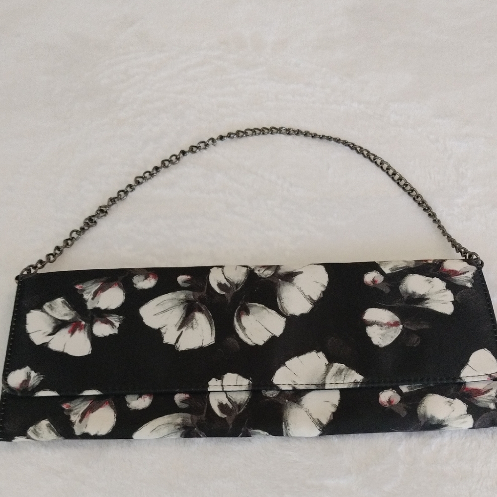 Whbm | Black Satin Cherry Blossom Printed Oblong Envelope Chain Clutch Bag